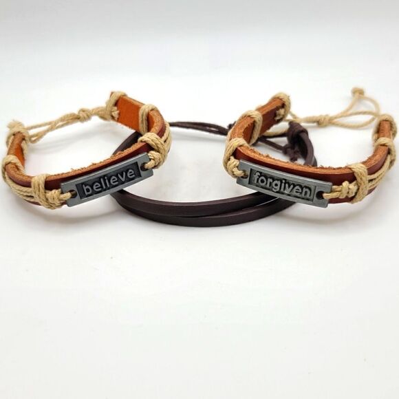 Lot of  3 Leather bracelets,  Forgiven, Believe, adjustable, Unisex - Picture 2 of 5